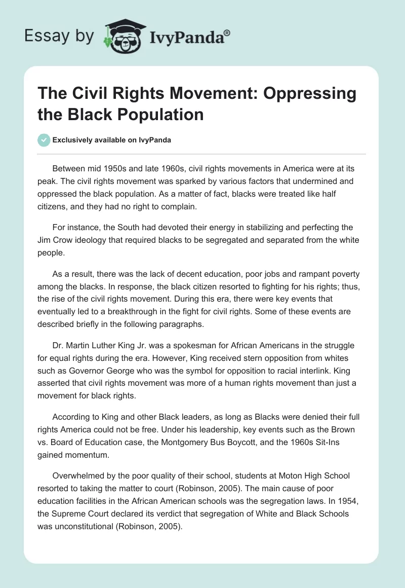 The Civil Rights Movement: Oppressing the Black Population. Page 1