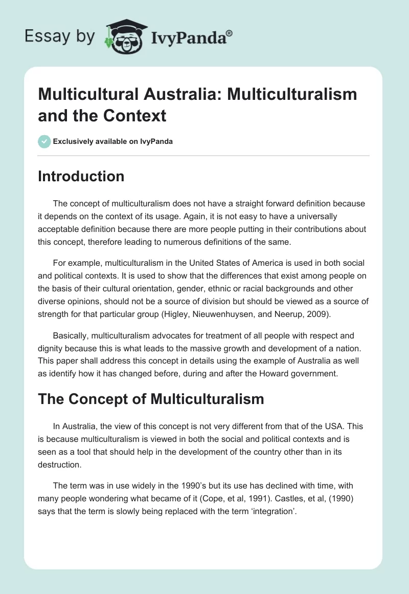 Multicultural Australia: Multiculturalism and the Context. Page 1