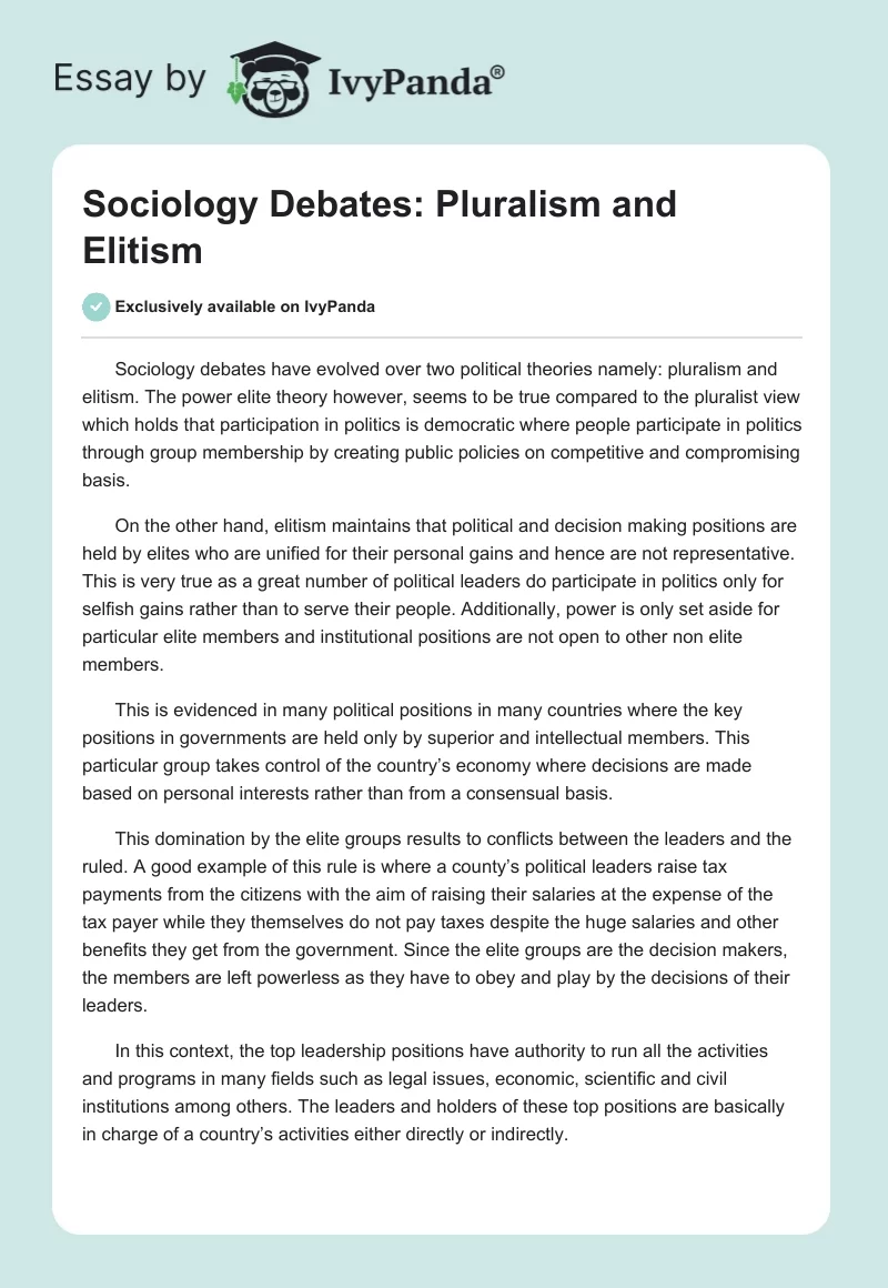 Sociology Debates: Pluralism and Elitism. Page 1