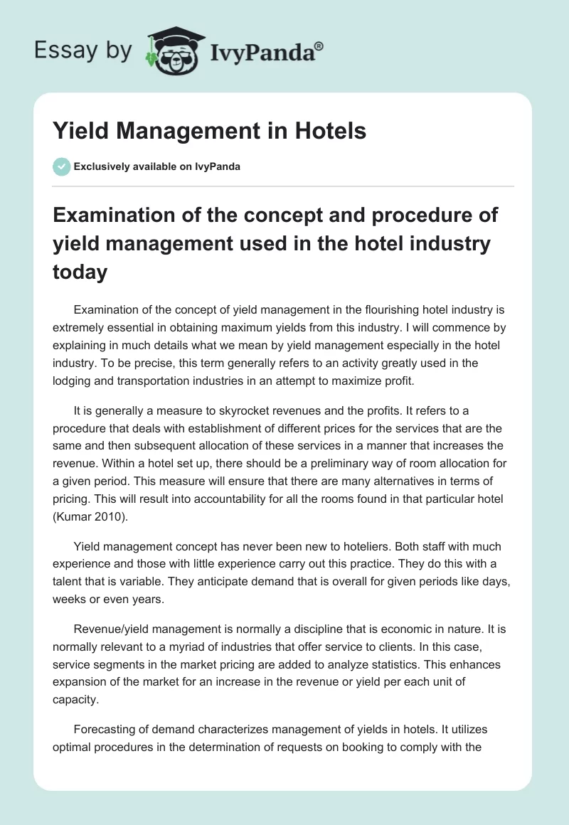 Yield Management in Hotels. Page 1