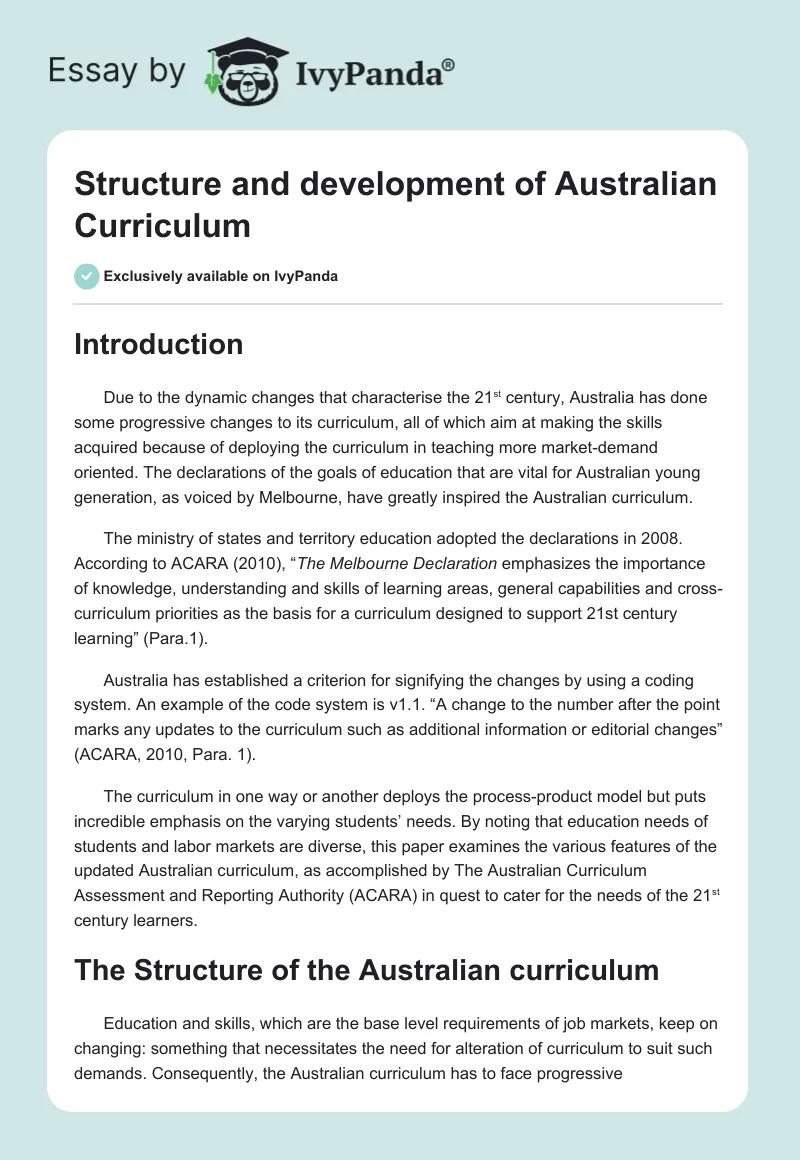 Structure and Development of Australian Curriculum. Page 1
