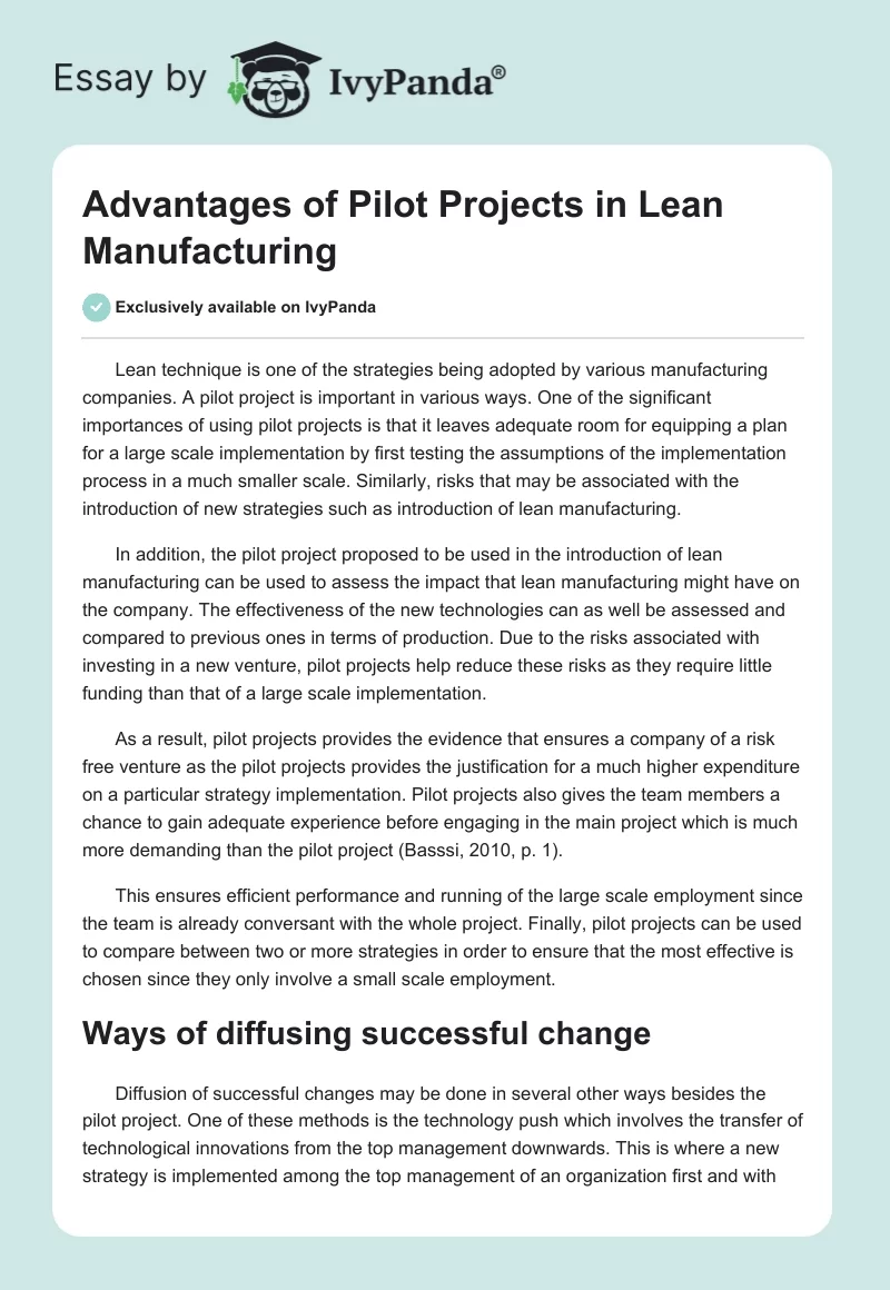 Advantages of Pilot Projects in Lean Manufacturing. Page 1