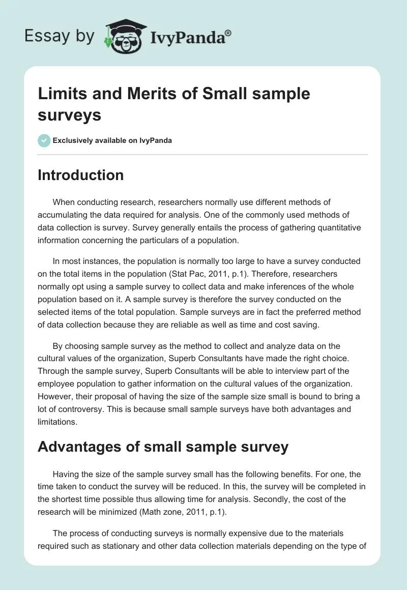 Limits and Merits of Small sample surveys. Page 1