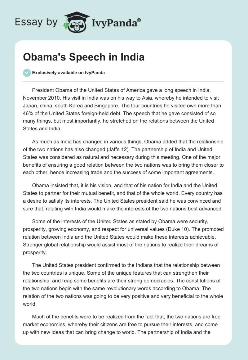 Obama's Speech in India. Page 1