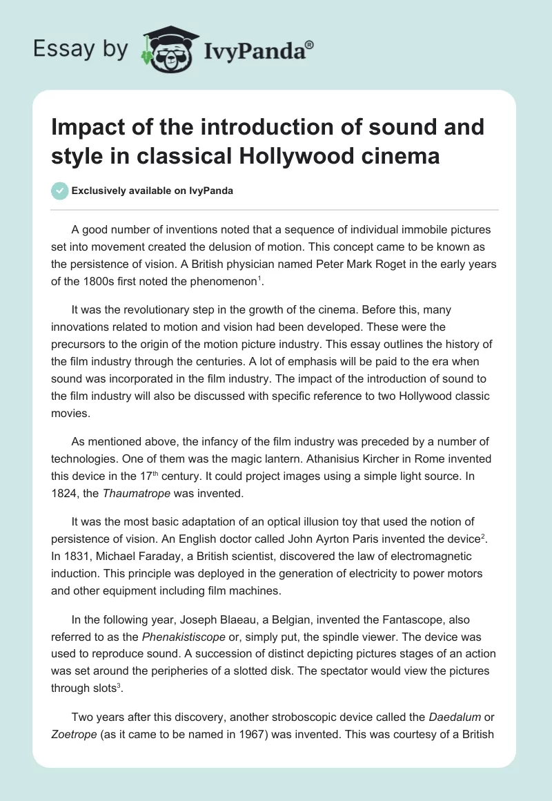 Impact of the introduction of sound and style in classical Hollywood cinema. Page 1
