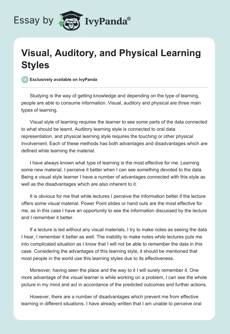 Visual, Auditory, and Physical Learning Styles. Page 1