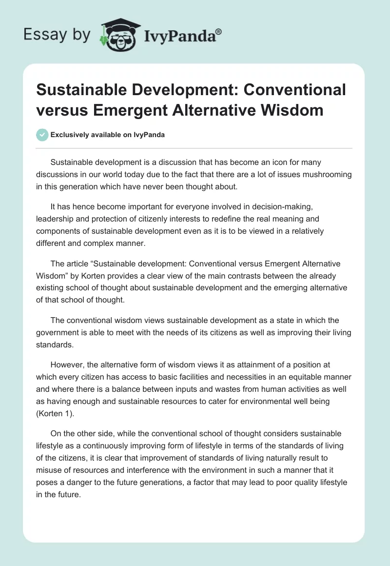 Sustainable Development: Conventional versus Emergent Alternative Wisdom. Page 1