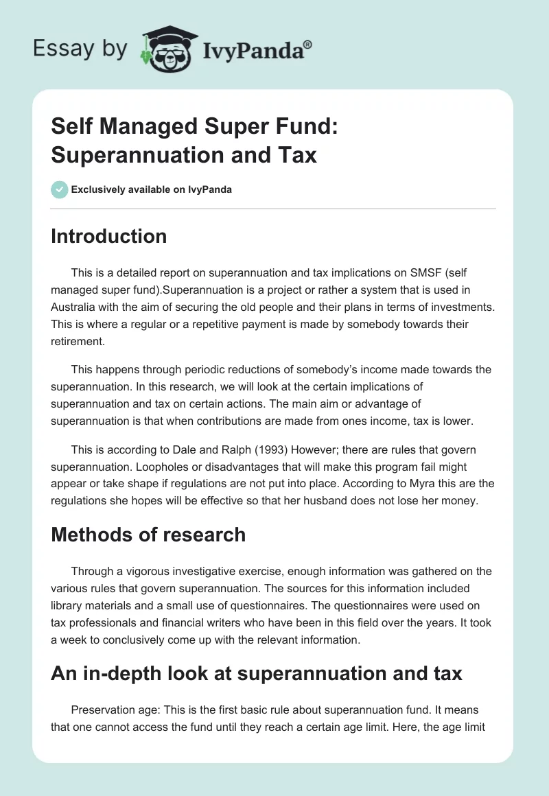 Self Managed Super Fund: Superannuation and Tax. Page 1