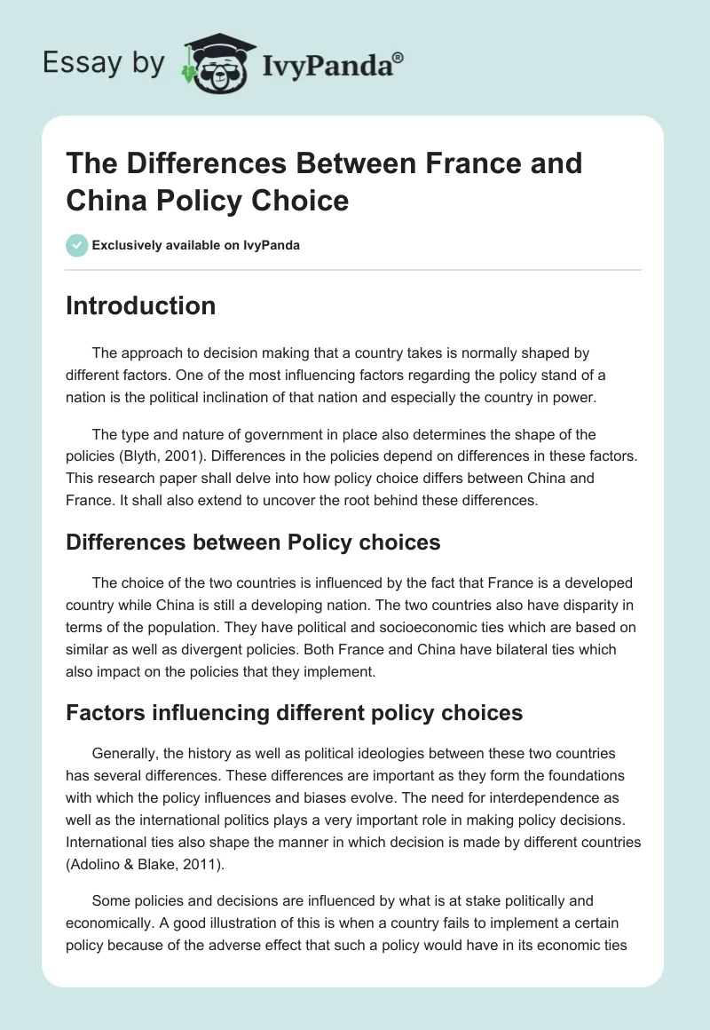 The Differences Between France and China Policy Choice. Page 1