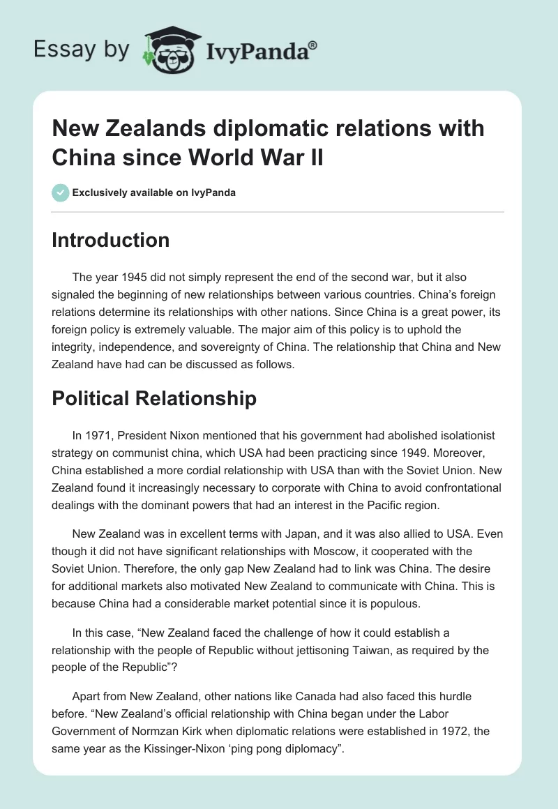 New Zealands Diplomatic Relations With China Since World War II. Page 1