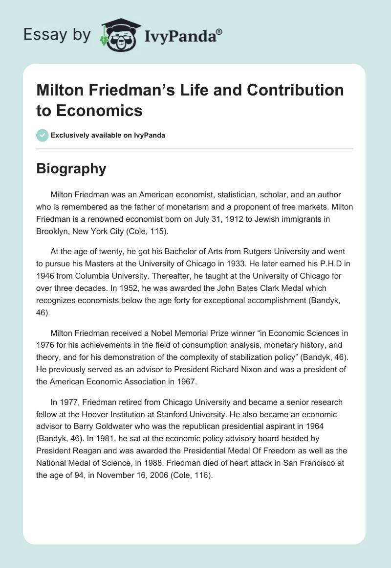 Milton Friedman’s Life and Contribution to Economics. Page 1