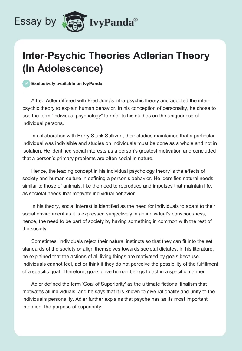 Inter-Psychic Theories Adlerian Theory (In Adolescence). Page 1