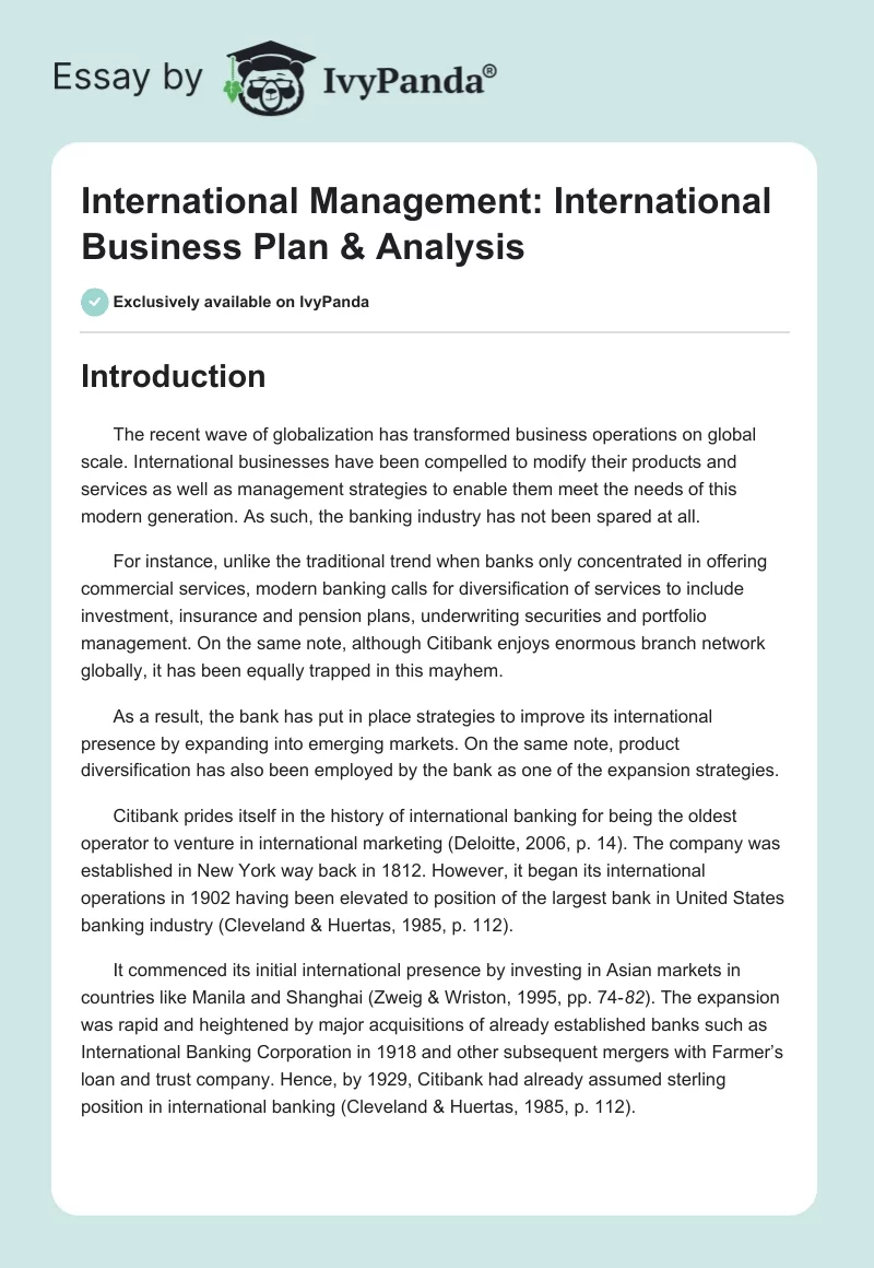 International Management: International Business Plan & Analysis. Page 1
