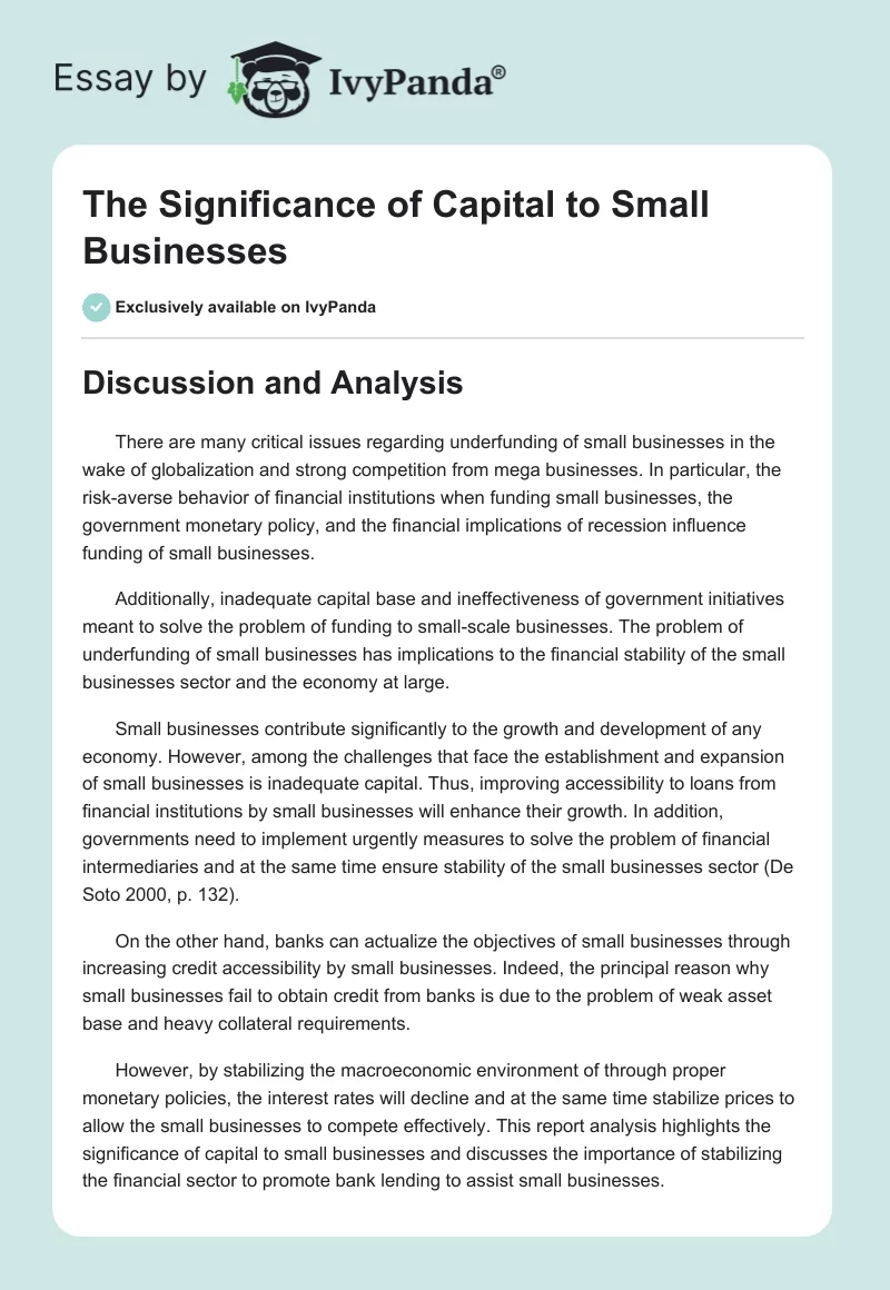 The Significance of Capital to Small Businesses. Page 1