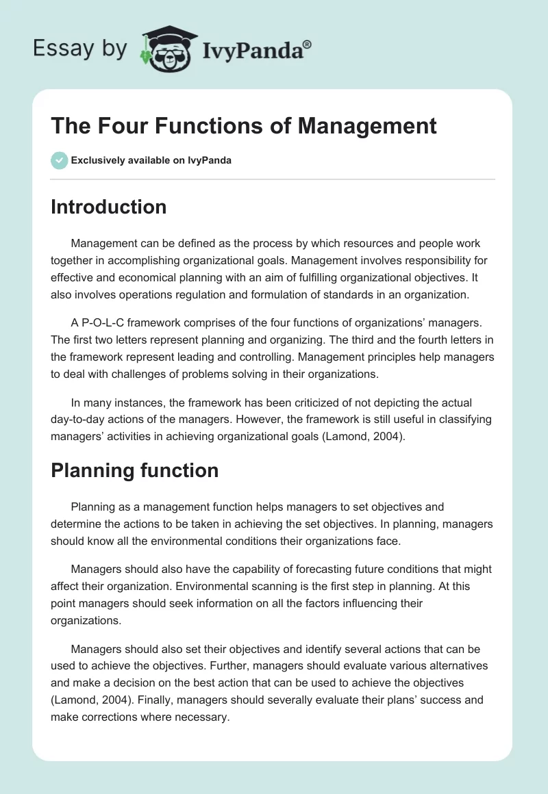 The Four Functions of Management. Page 1