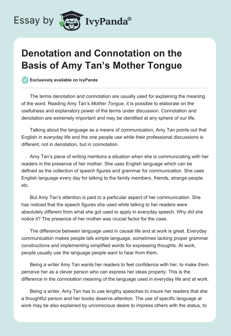 Denotation and Connotation on the Basis of Amy Tan’s Mother Tongue. Page 1