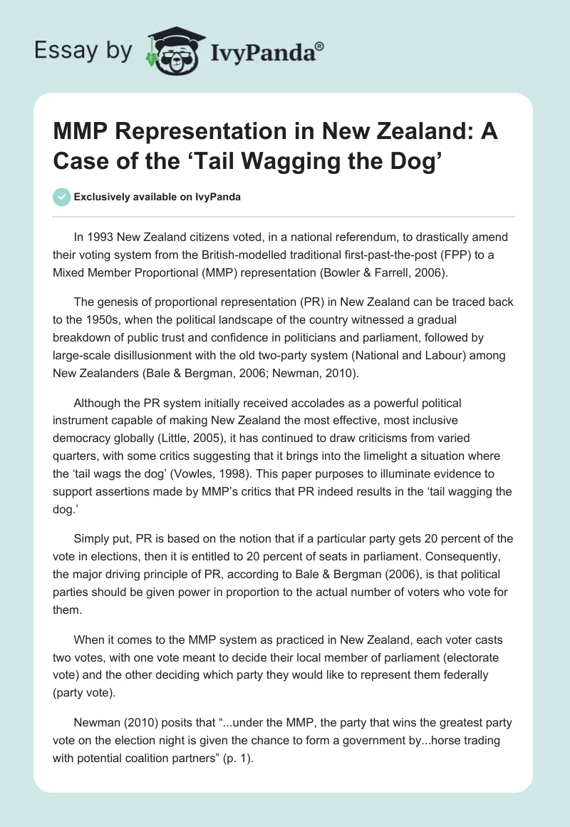 MMP Representation in New Zealand: A Case of the ‘Tail Wagging the Dog’. Page 1