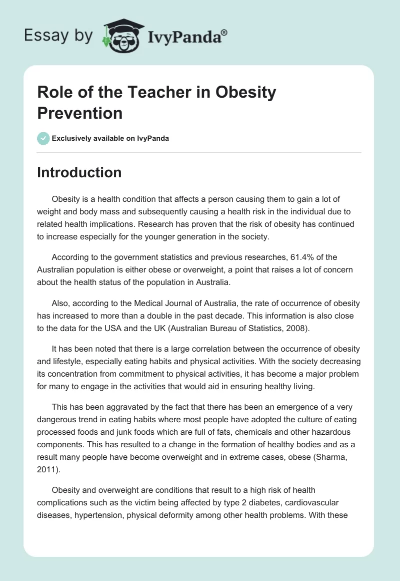 Role of the Teacher in Obesity Prevention. Page 1