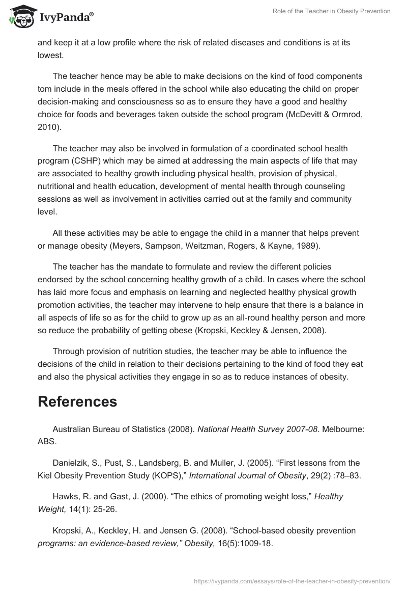 Role of the Teacher in Obesity Prevention. Page 4