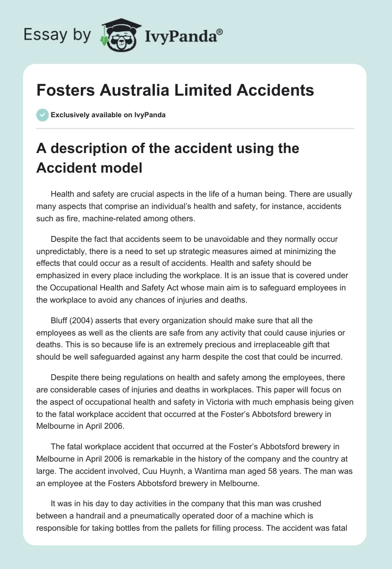 Fosters Australia Limited Accidents. Page 1