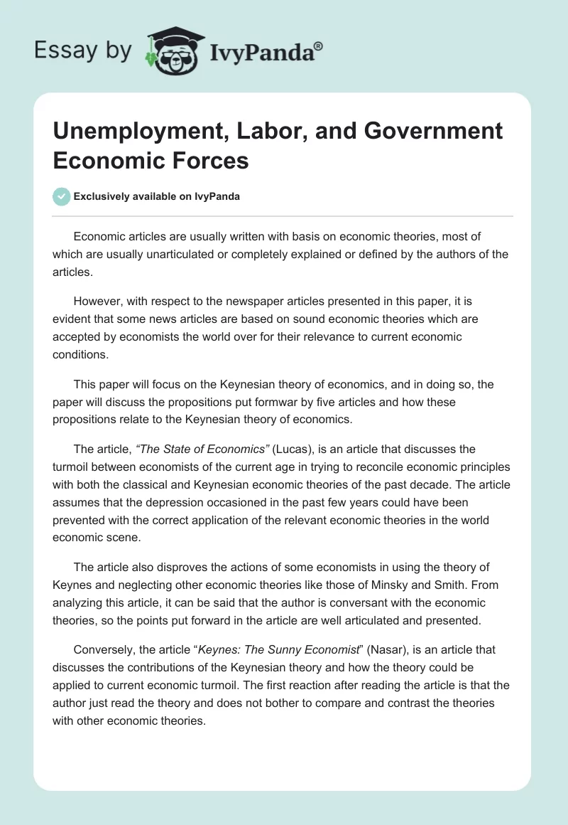 Unemployment, Labor, and Government Economic Forces. Page 1