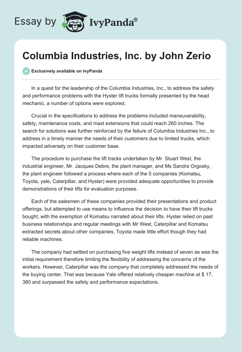 Columbia Industries, Inc. by John Zerio. Page 1