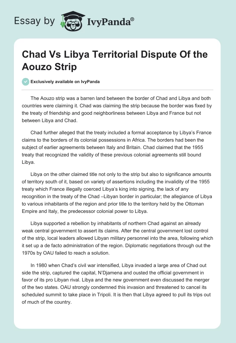 Chad Vs Libya Territorial Dispute Of the Aouzo Strip. Page 1