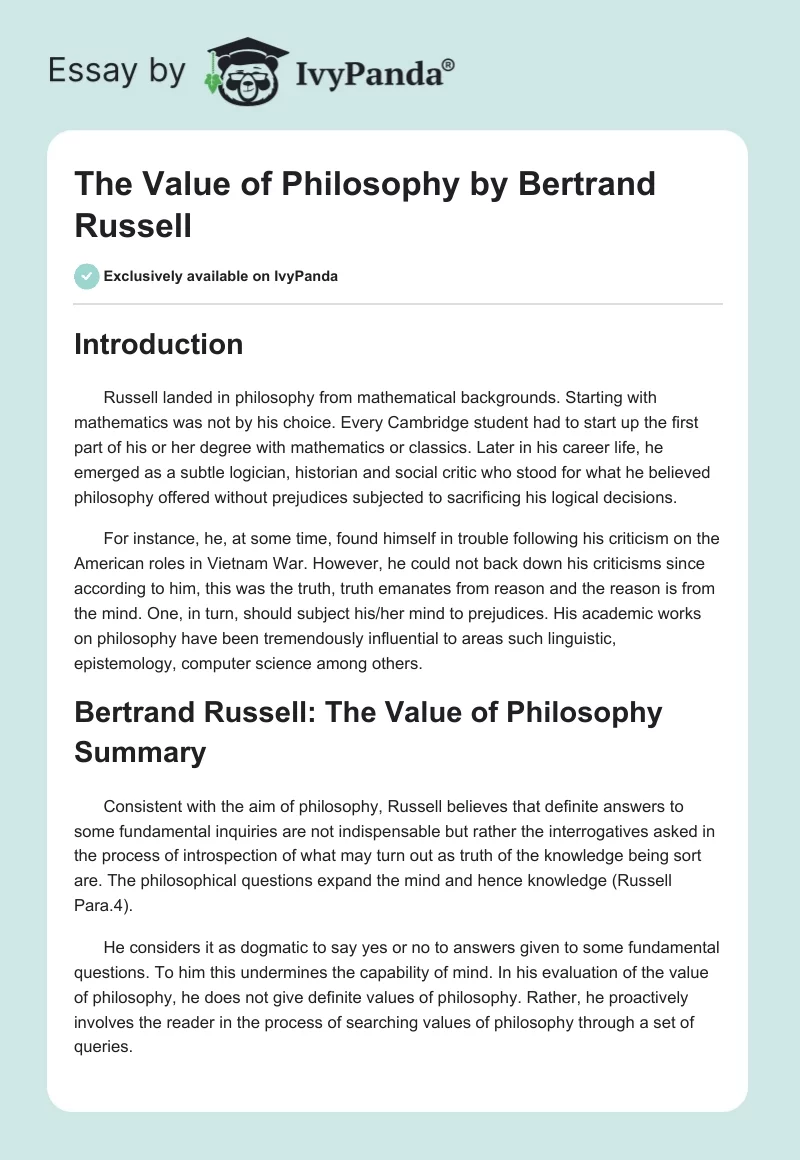 The Value of Philosophy by Bertrand Russell. Page 1