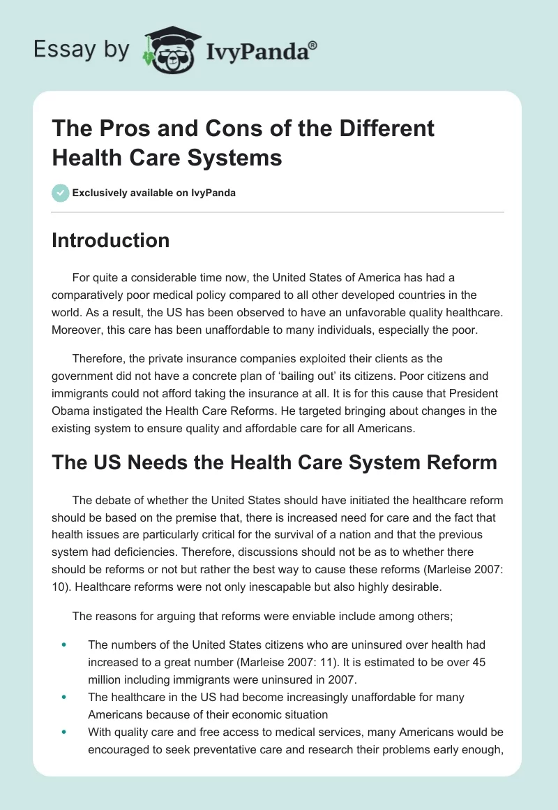 The Pros and Cons of the Different Health Care Systems. Page 1