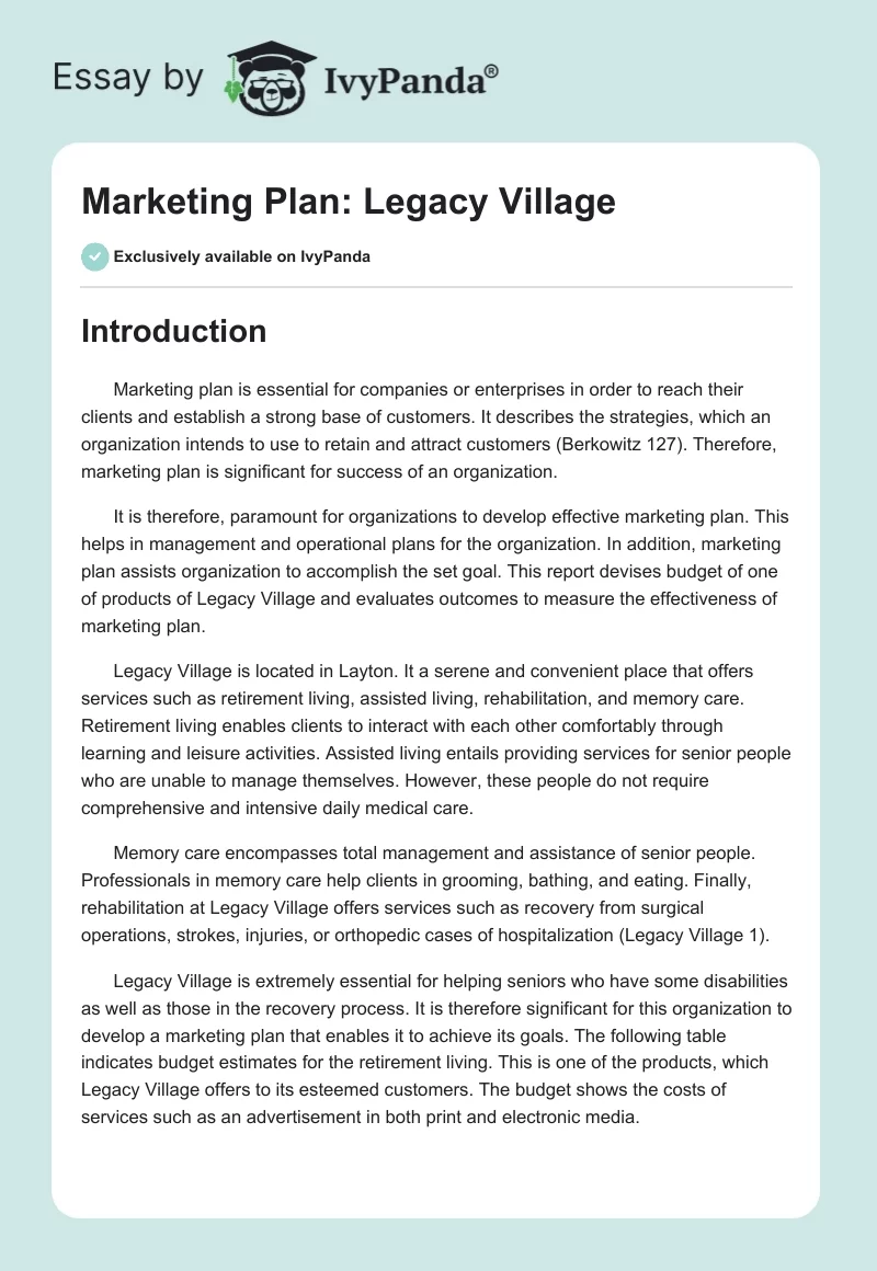 Marketing Plan: Legacy Village. Page 1