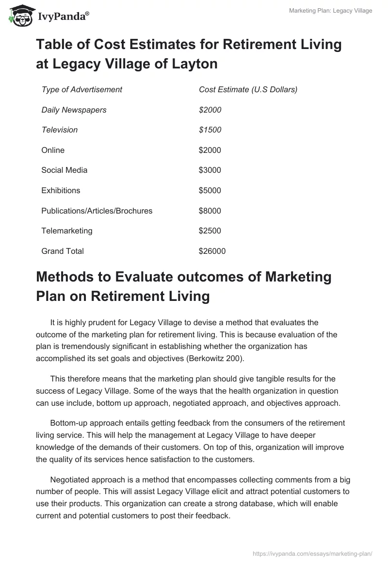 Marketing Plan: Legacy Village. Page 2
