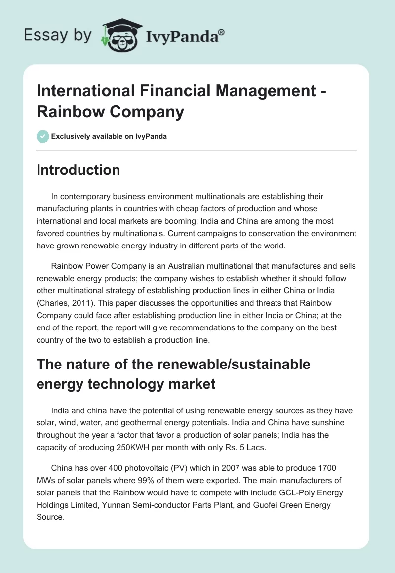 International Financial Management - Rainbow Company. Page 1