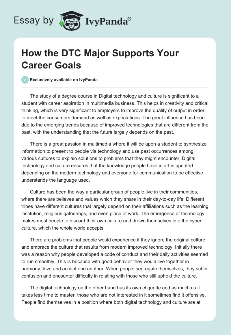 How the DTC Major Supports Your Career Goals. Page 1