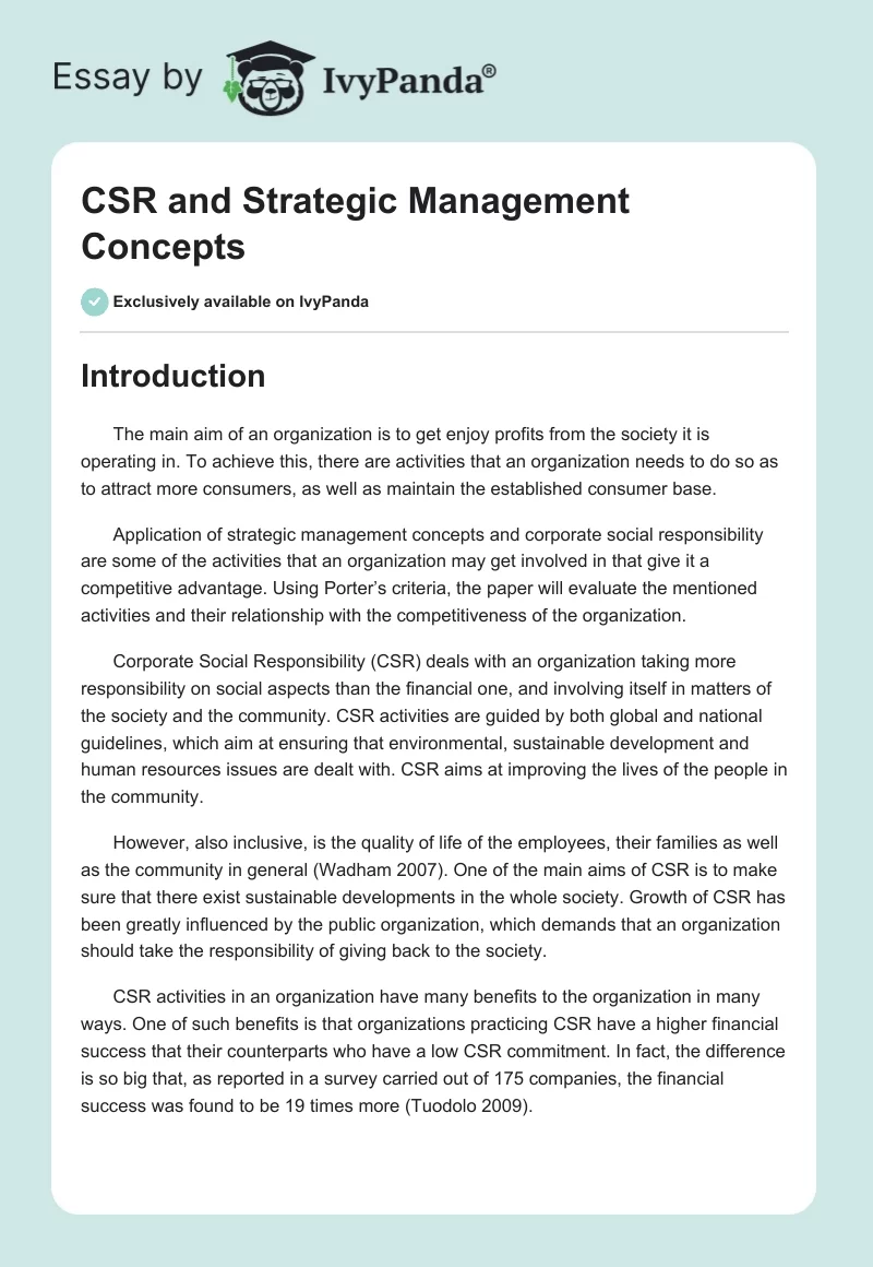 CSR and Strategic Management Concepts. Page 1
