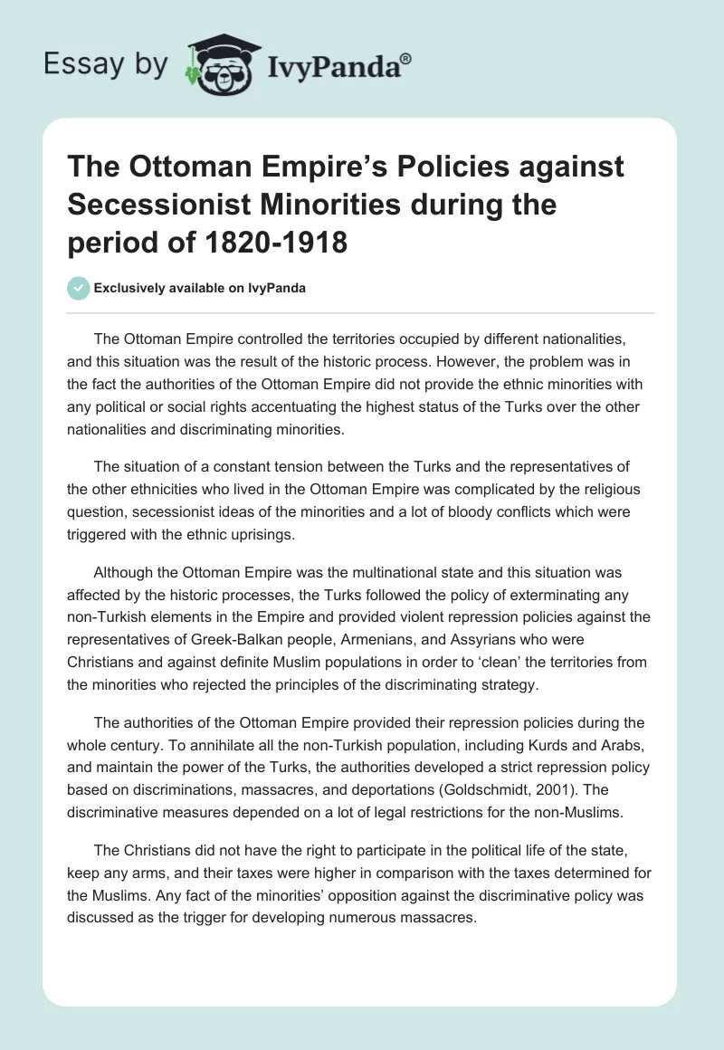 The Ottoman Empire’s Policies Against Secessionist Minorities During the Period of 1820-1918. Page 1
