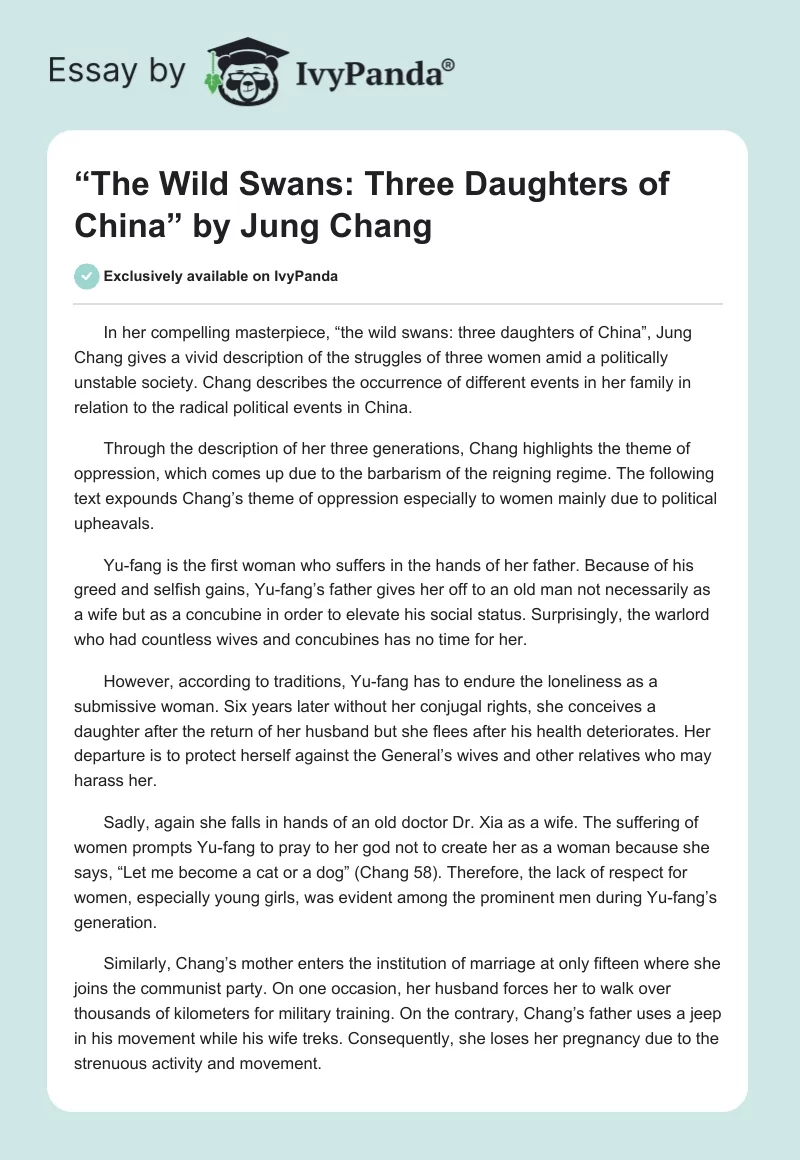 “The Wild Swans: Three Daughters of China” by Jung Chang. Page 1