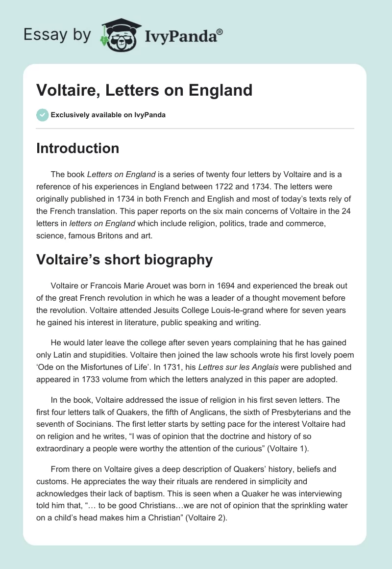 Voltaire, Letters on England. Page 1