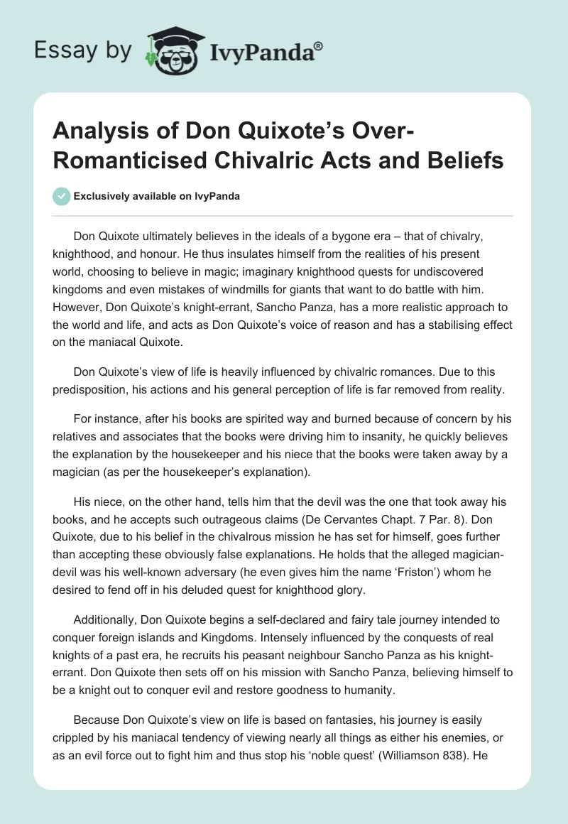 Analysis of Don Quixote’s Over-Romanticised Chivalric Acts and Beliefs. Page 1