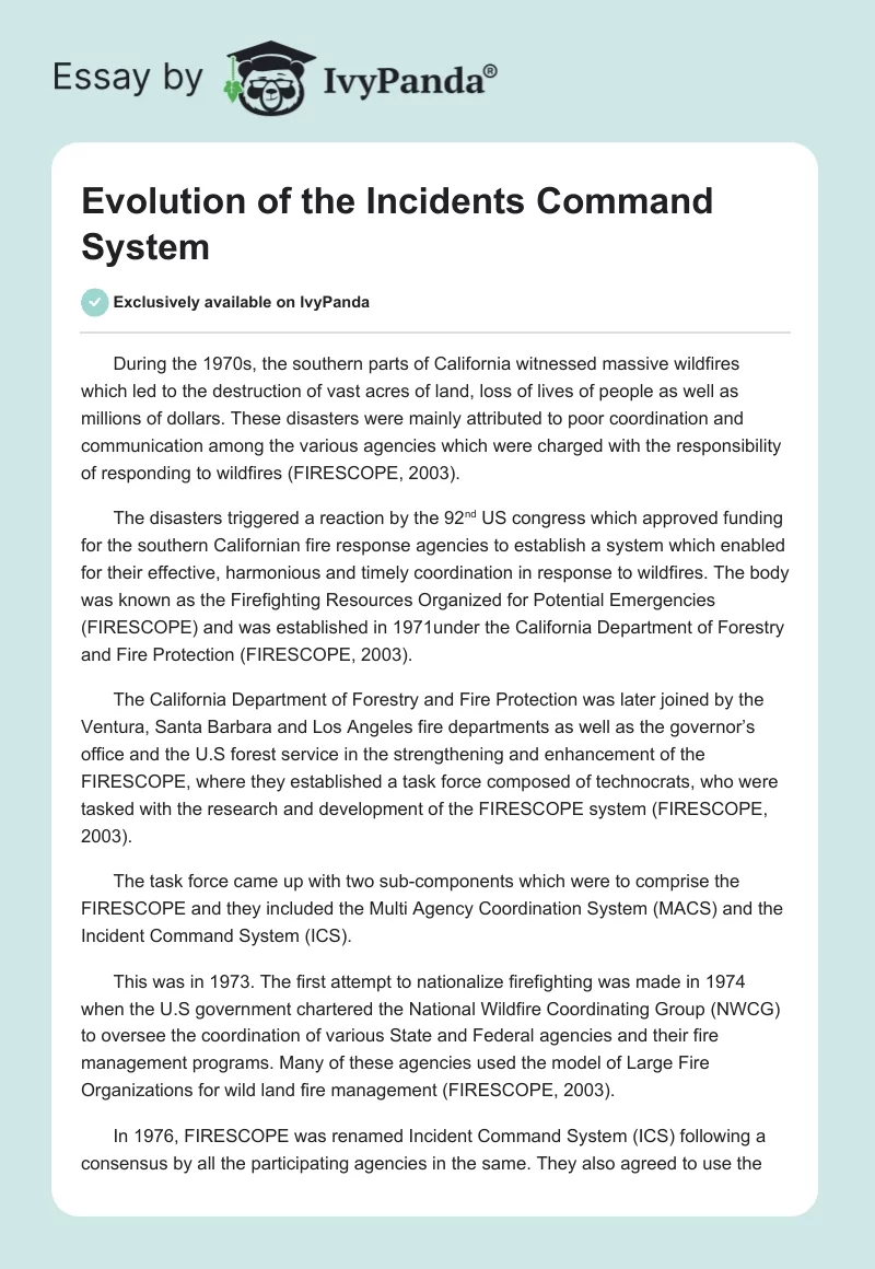 Evolution of the Incidents Command System. Page 1