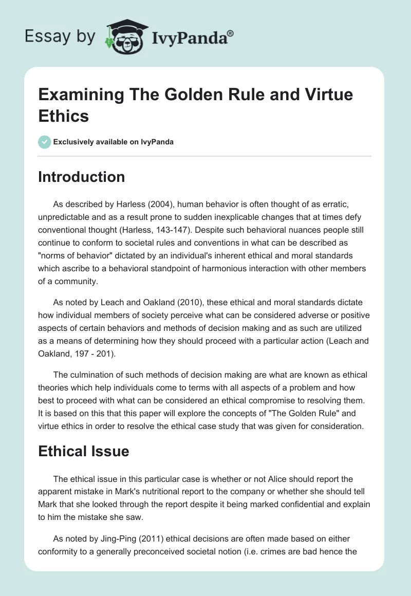 Examining "The Golden Rule" and Virtue Ethics. Page 1
