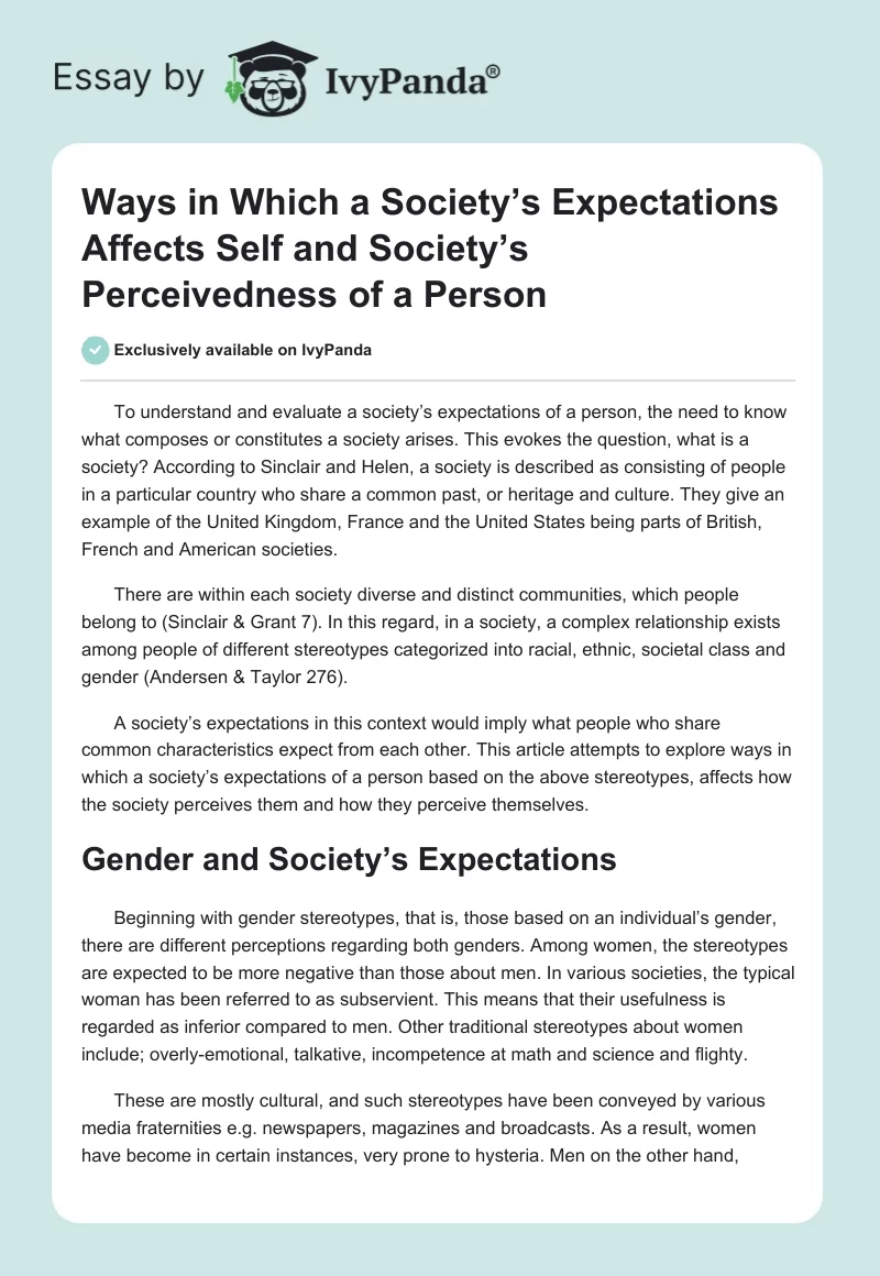 Ways in Which a Society’s Expectations Affects Self and Society’s Perceivedness of a Person. Page 1