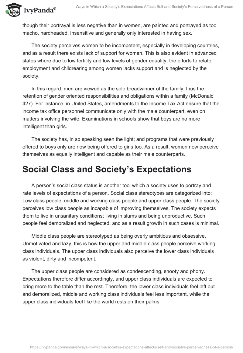 Ways in Which a Society’s Expectations Affects Self and Society’s Perceivedness of a Person. Page 2
