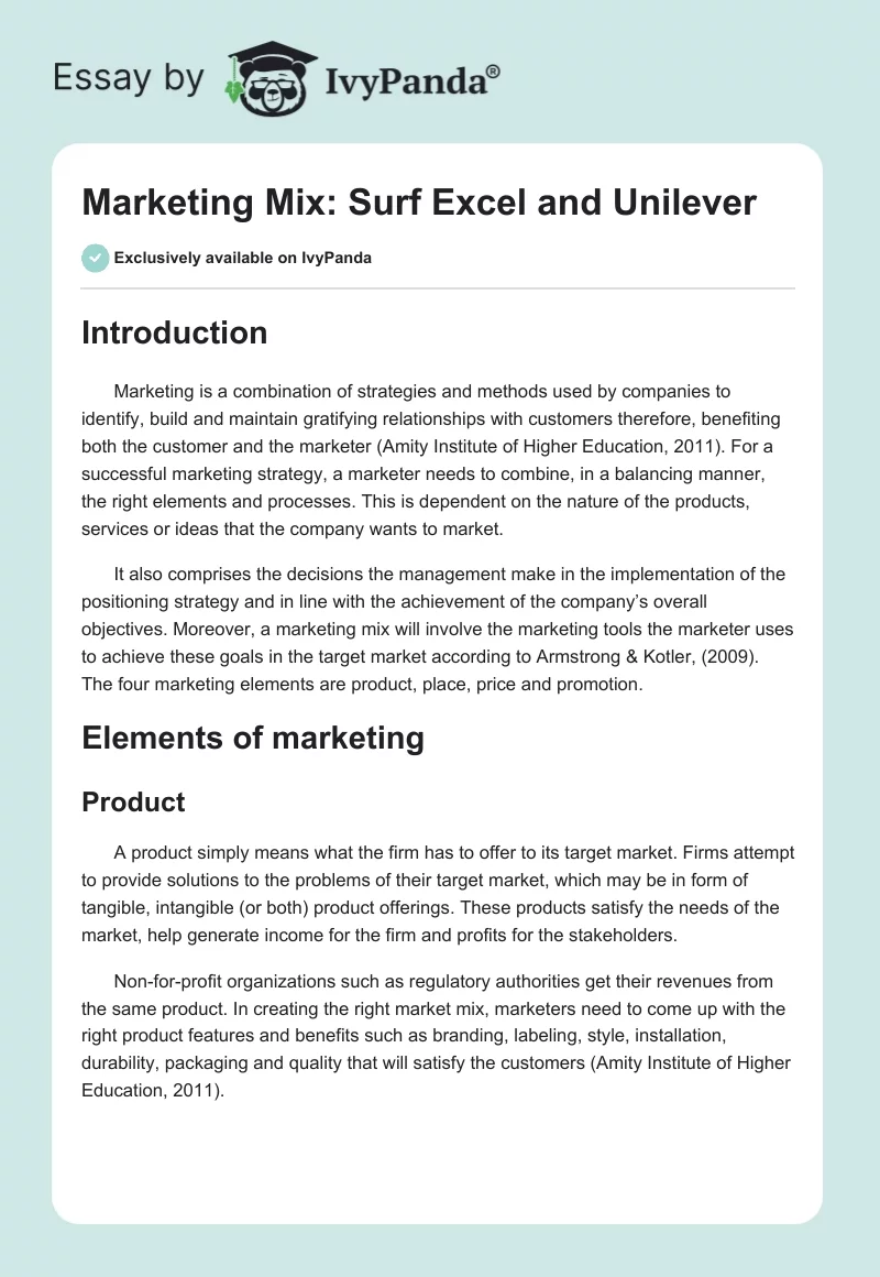Marketing Mix: Surf Excel and Unilever. Page 1