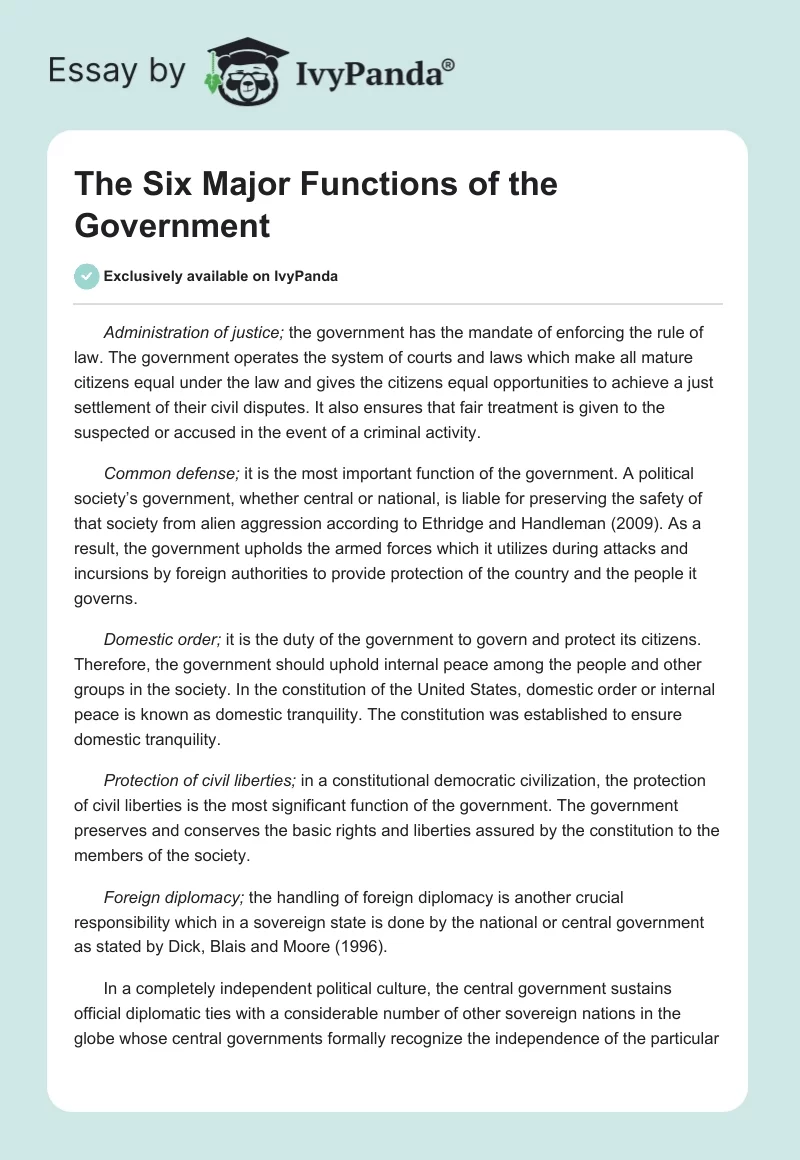 The Six Major Functions of the Government. Page 1