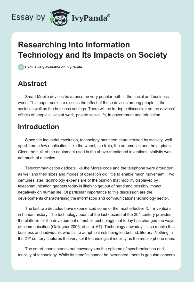 Researching Into Information Technology and Its Impacts on Society. Page 1