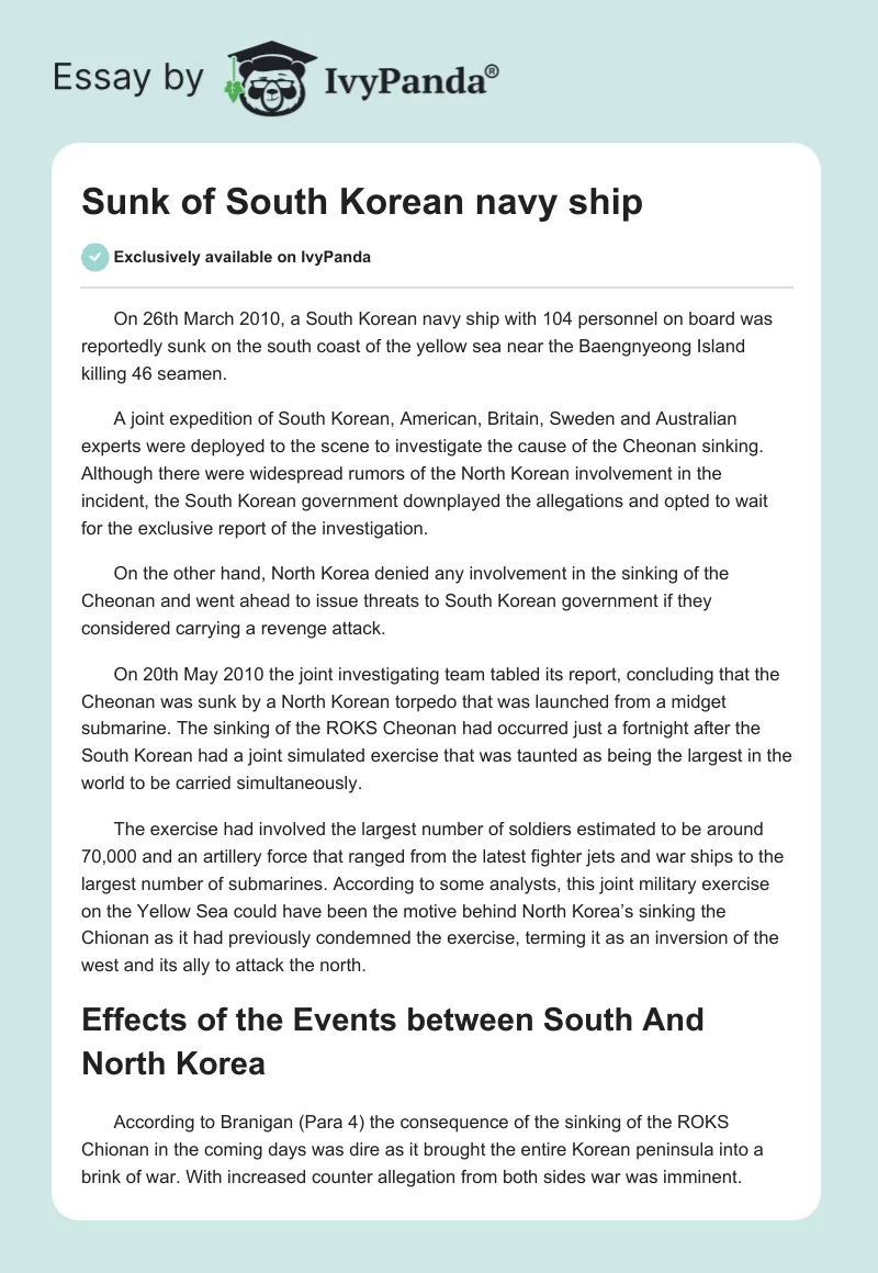 Sunk of South Korean navy ship. Page 1