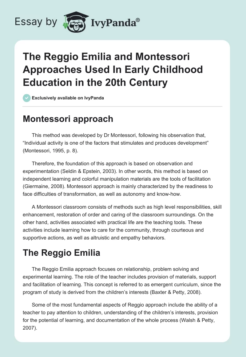 The Reggio Emilia and Montessori Approaches Used in Early Childhood Education in the 20th Century. Page 1