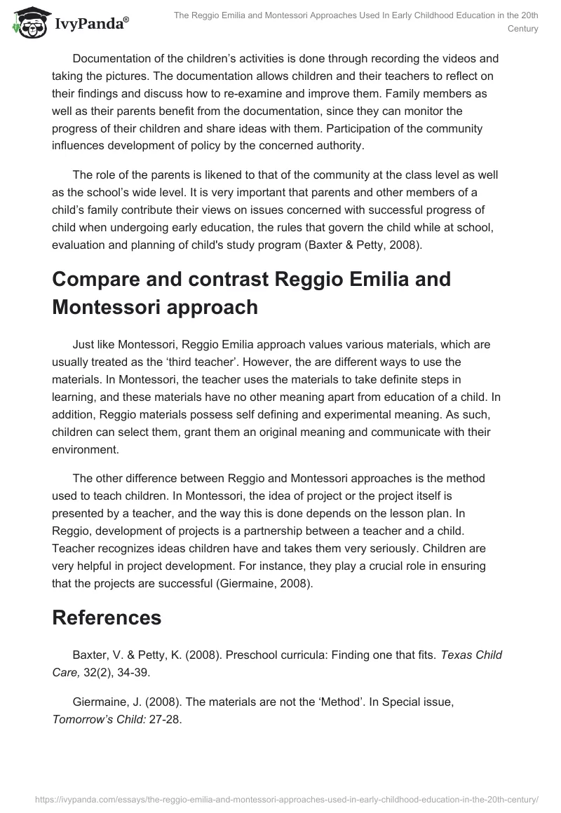 The Reggio Emilia and Montessori Approaches Used in Early Childhood Education in the 20th Century. Page 2