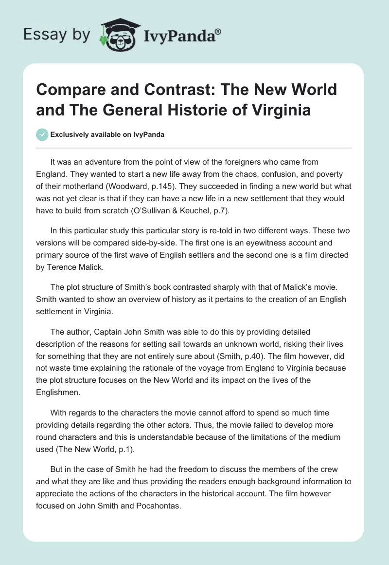 Compare and Contrast: The New World and The General Historie of Virginia. Page 1