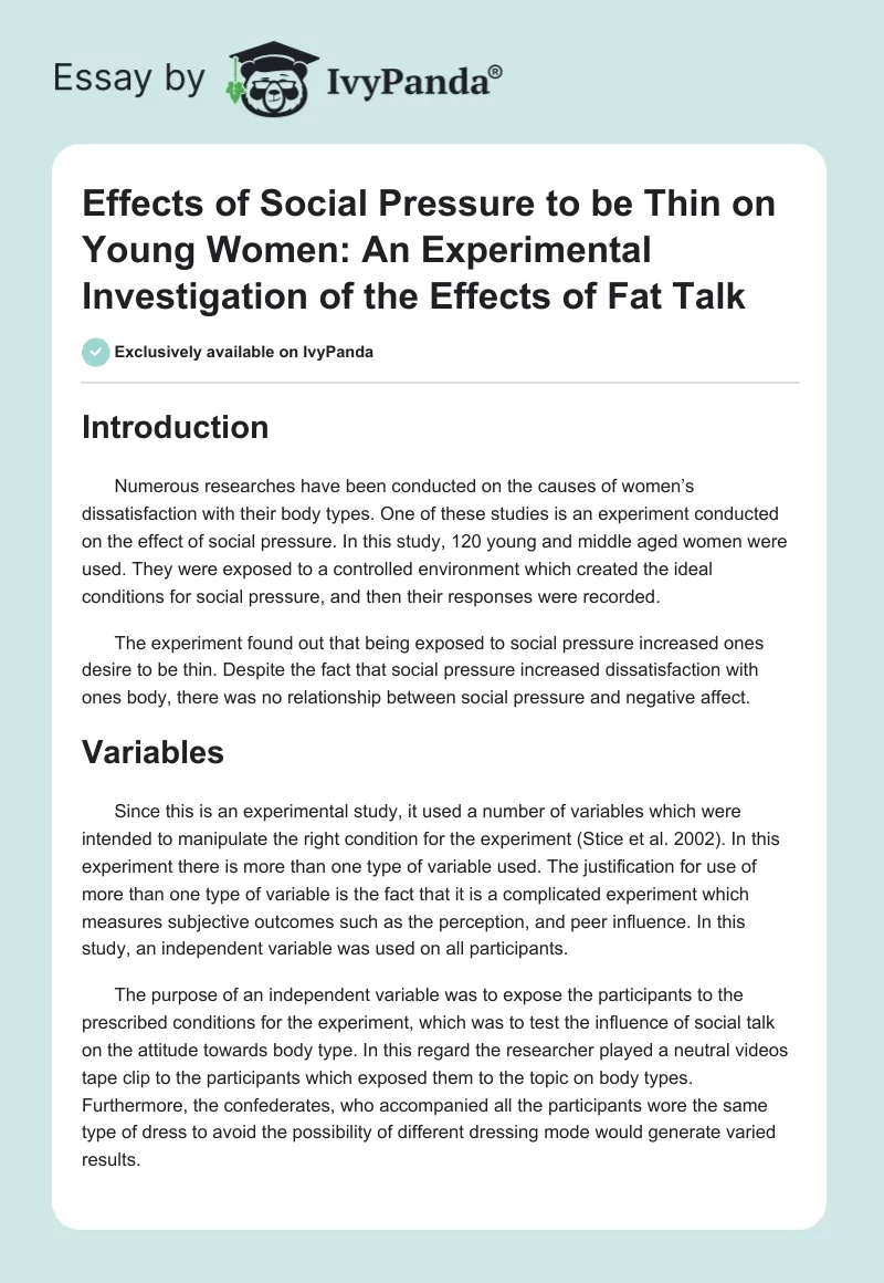 Effects of Social Pressure to be Thin on Young Women: An Experimental Investigation of the Effects of "Fat Talk". Page 1